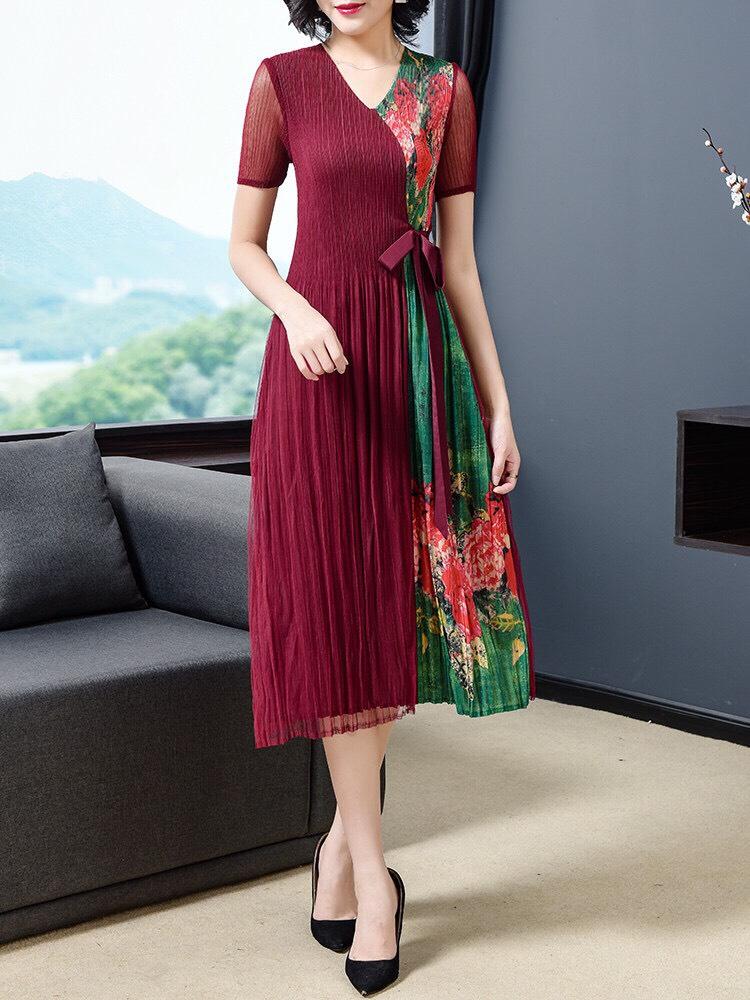 Đầm Dập Li Phối Hoa Cột Eo HN642