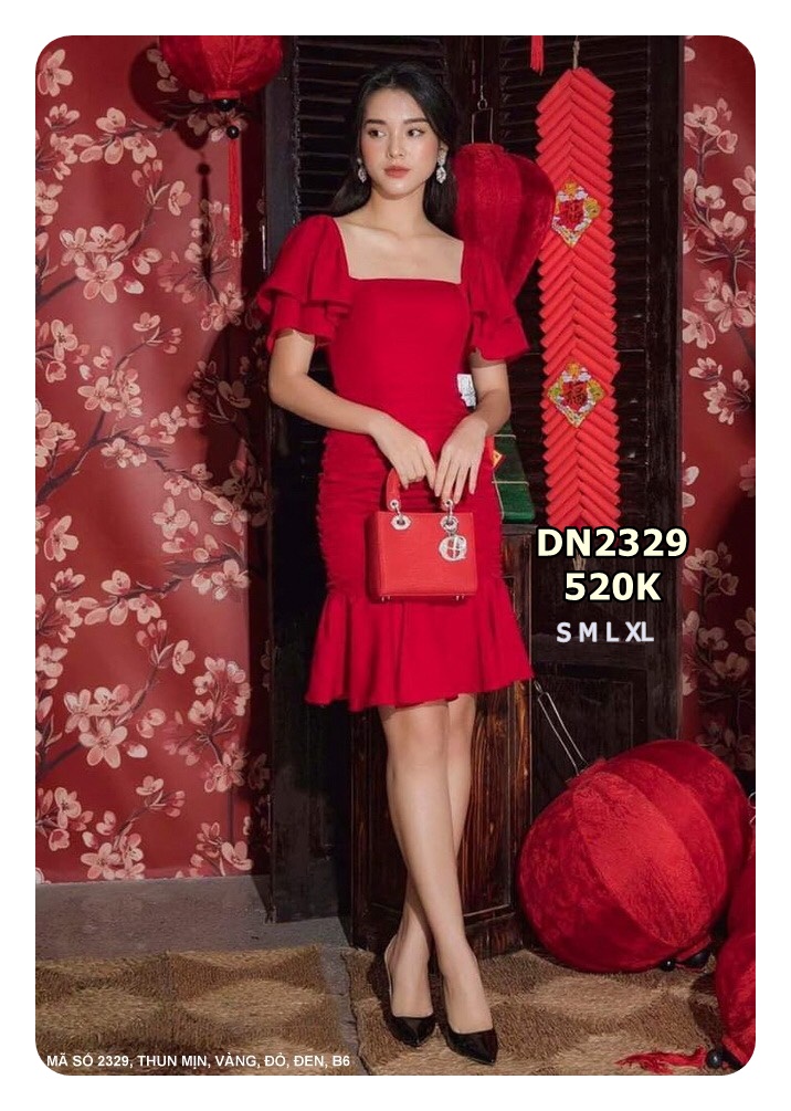 Đầm Ôm lai Xòe Cổ Vuông Tay Dún 2 Tầng DN2329