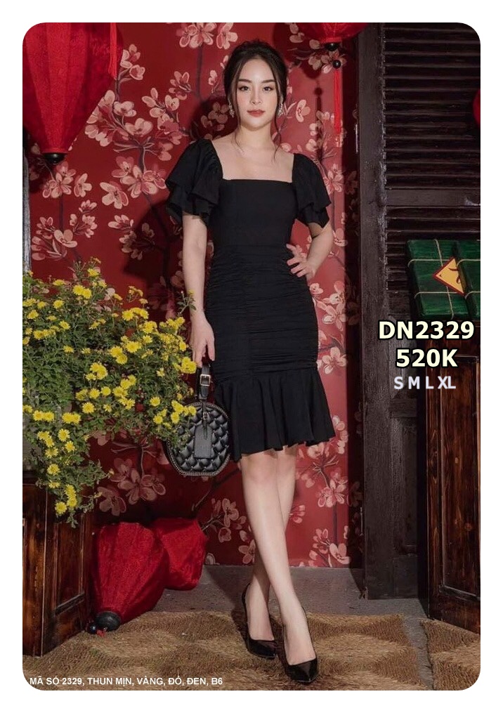 Đầm Ôm lai Xòe Cổ Vuông Tay Dún 2 Tầng DN2329