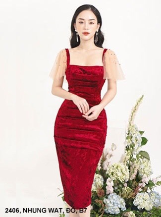 ĐẦM NHUNG TAY LƯỚI ĐÍNH NGỌC TRAI - DN2406