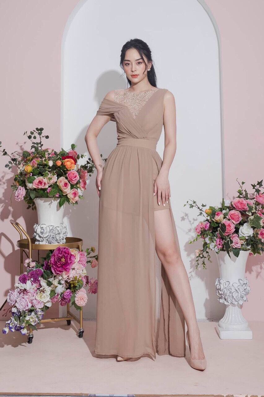 ĐẦM DẠ HỘI RỚT VAI ĐÍNH NGỌC -D446