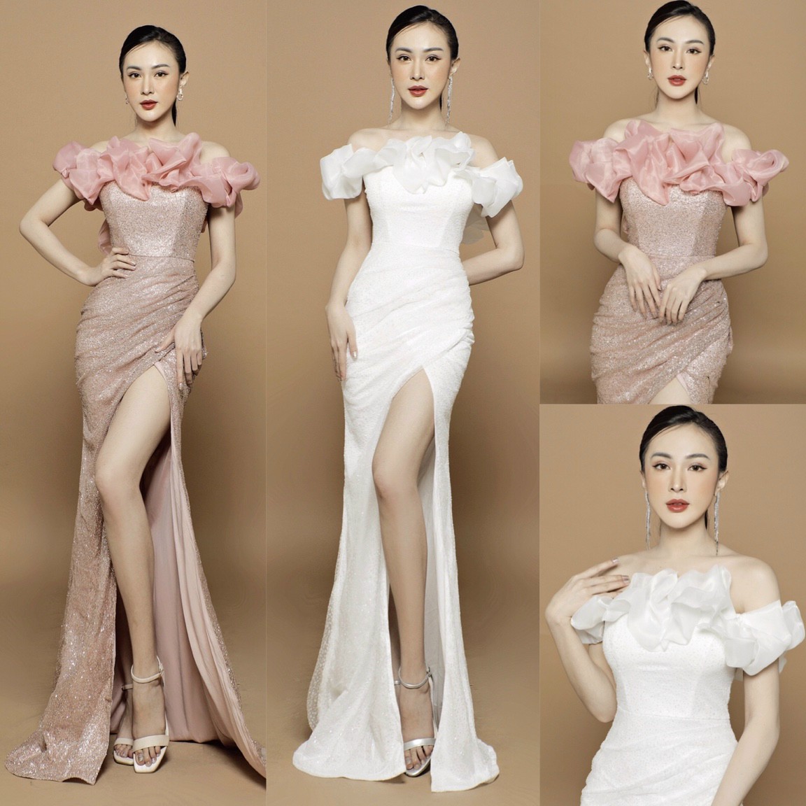 Đầm Dạ Hội Kim Tuyến Trễ Vai Voan Kiếng - D719