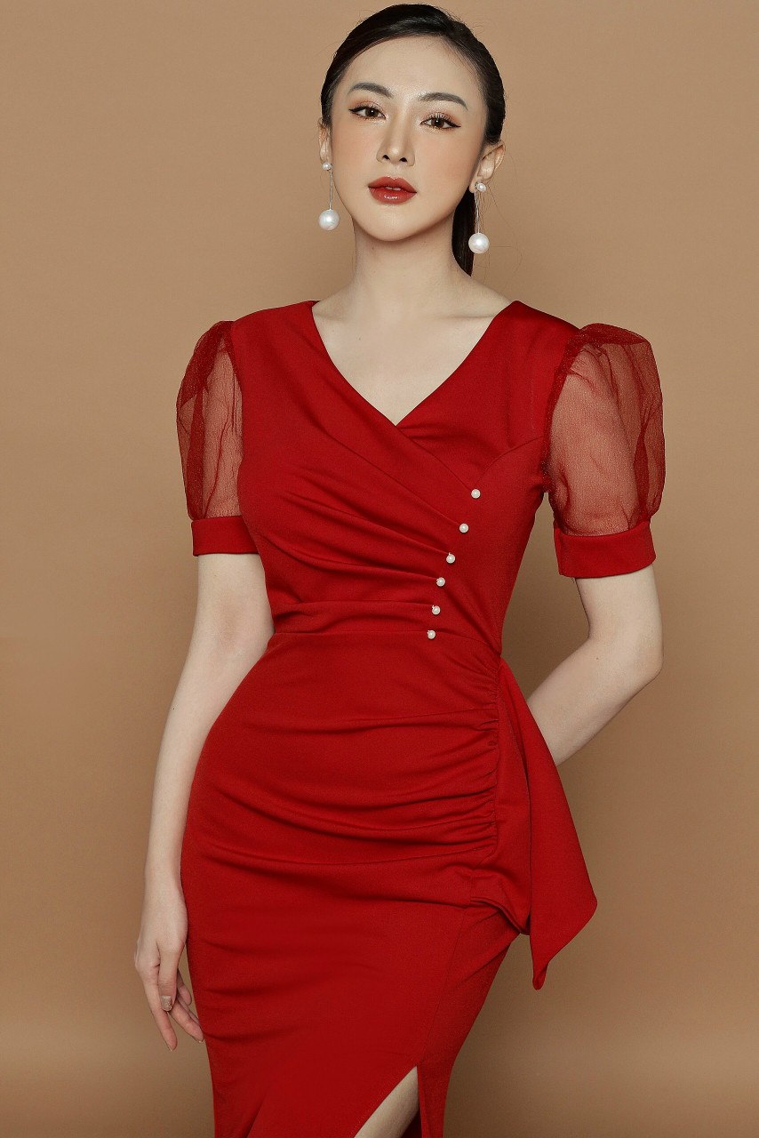 Đầm Dạ Hội Đính Nút Nhúng Eo - D718