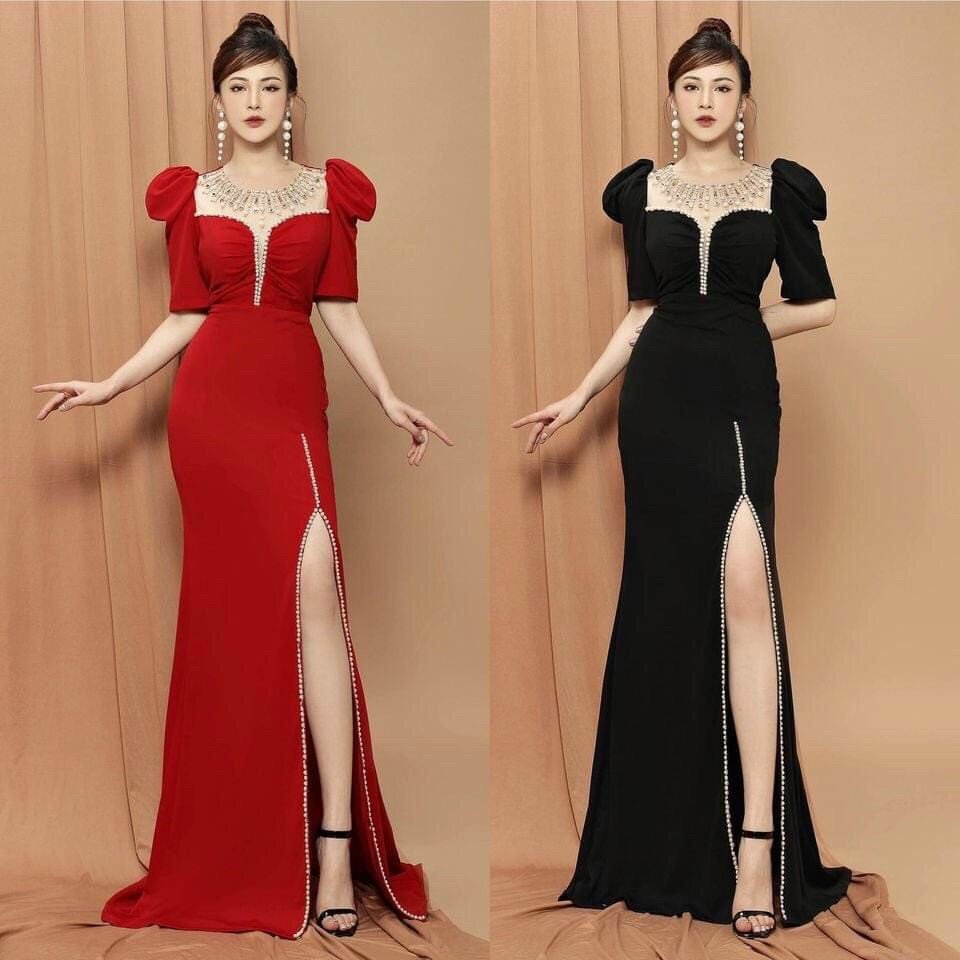 Đầm Dạ Hội Tay Đính Pha Lê Cổ Tròn - D733