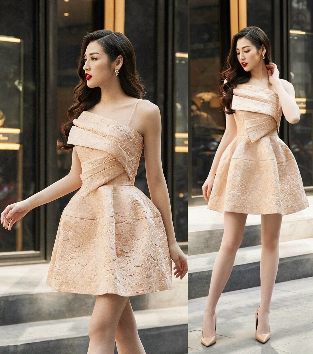 Đầm Gấm Xòe Hai Dây - D744
