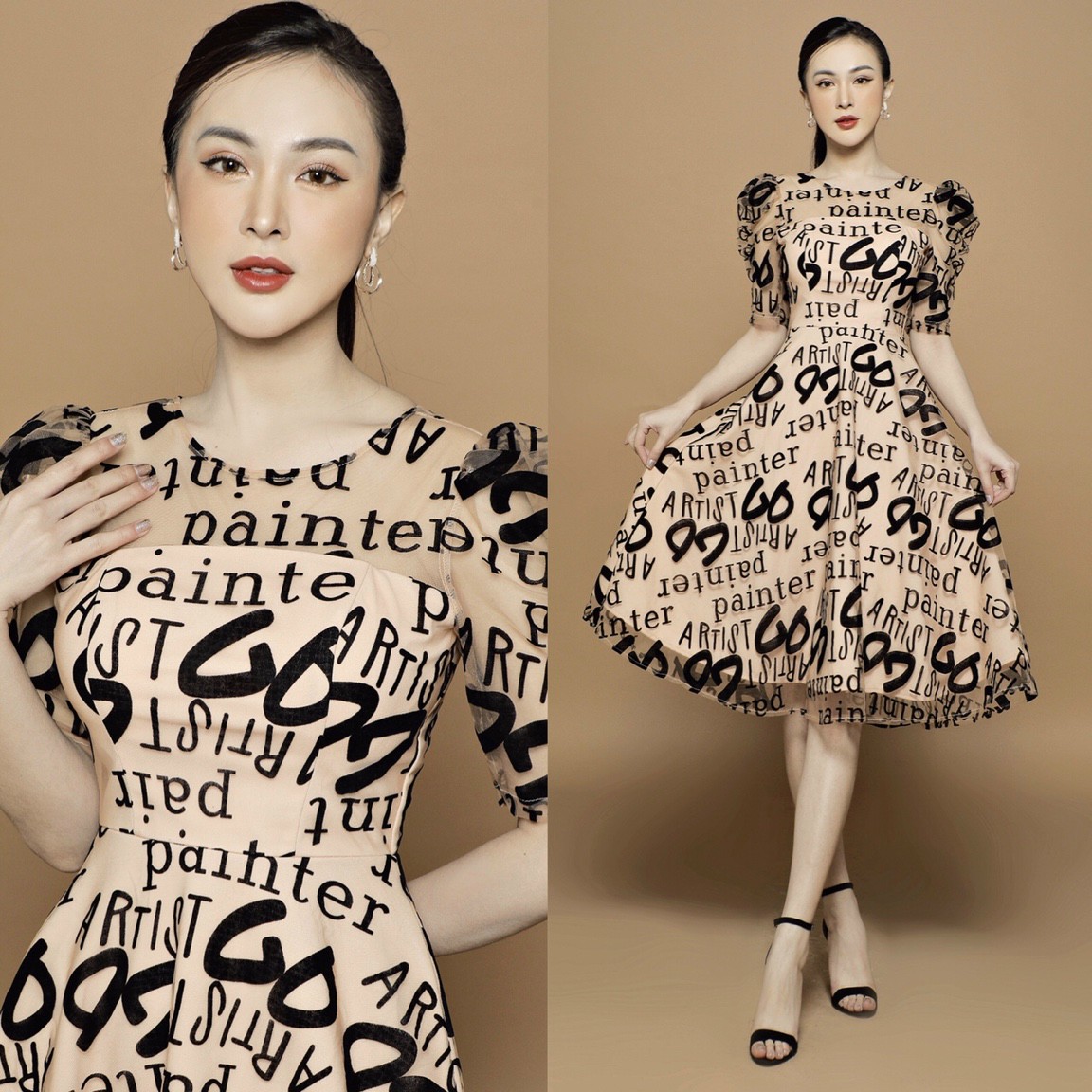 Đầm Xòe In Chữ Tay Lỡ - D777