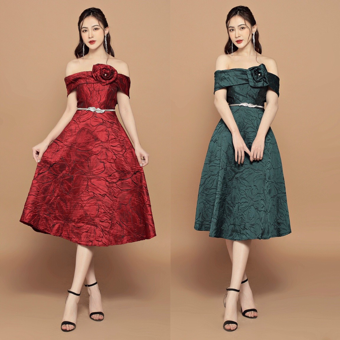 Đầm Gấm Xòe Trễ Vai- D746
