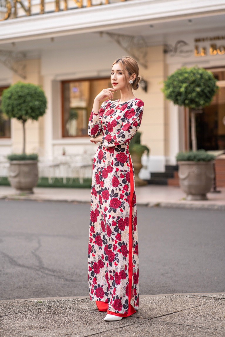 Set Áo Dài Họa Tiết Hoa Hồng Cao Cấp - AL73