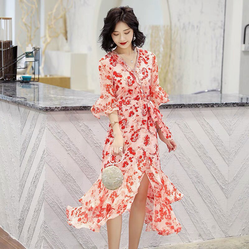 Đầm Hoa Đỏ Đính Đá Bèo Tầng - HN1067