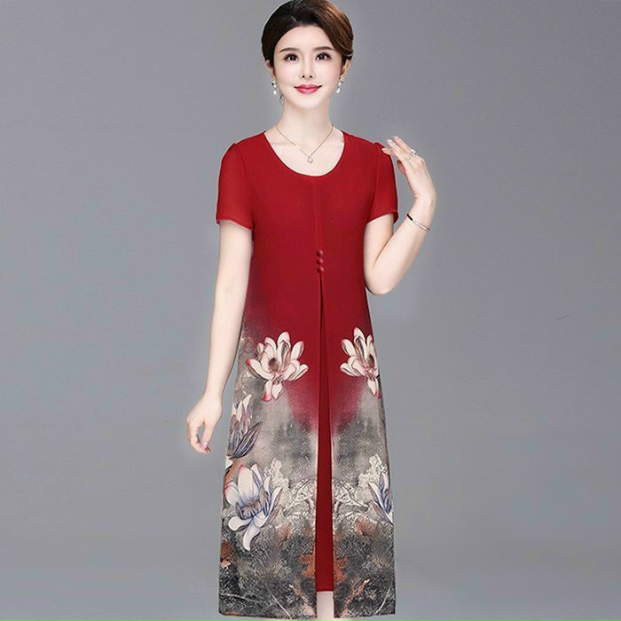 Đầm Suông Đính Nút In Hoa Sen 2 Bên - DS83