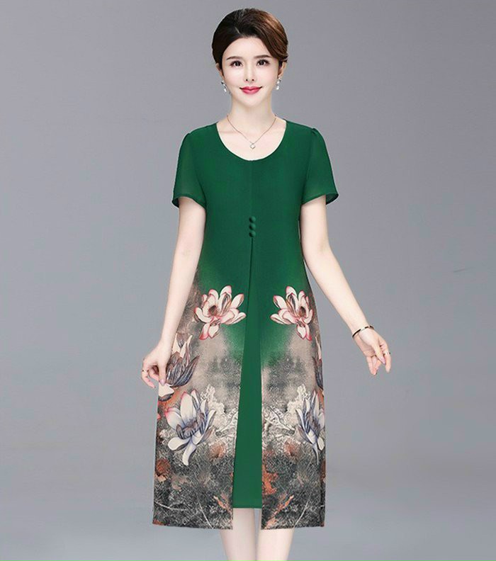 Đầm Suông Đính Nút In Hoa Sen 2 Bên - DS83