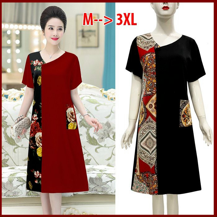 Đầm Suông Chữ A Phối Lụa In Họa Tiết - DS85