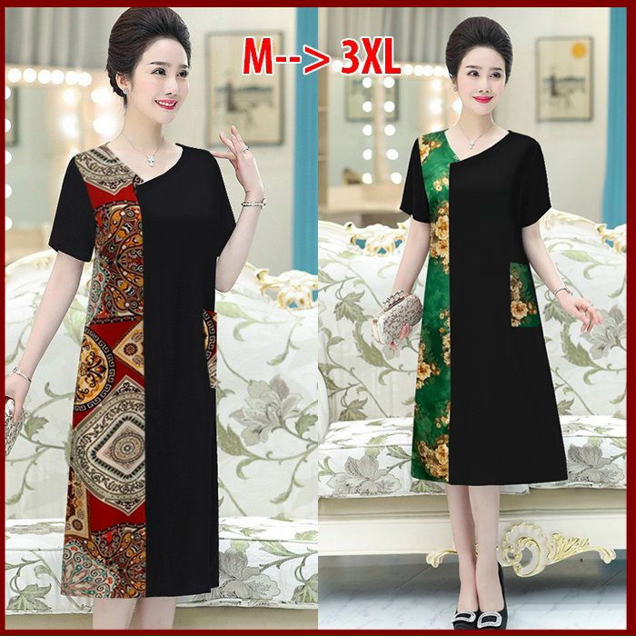 Đầm Suông Chữ A Phối Lụa In Họa Tiết - DS85