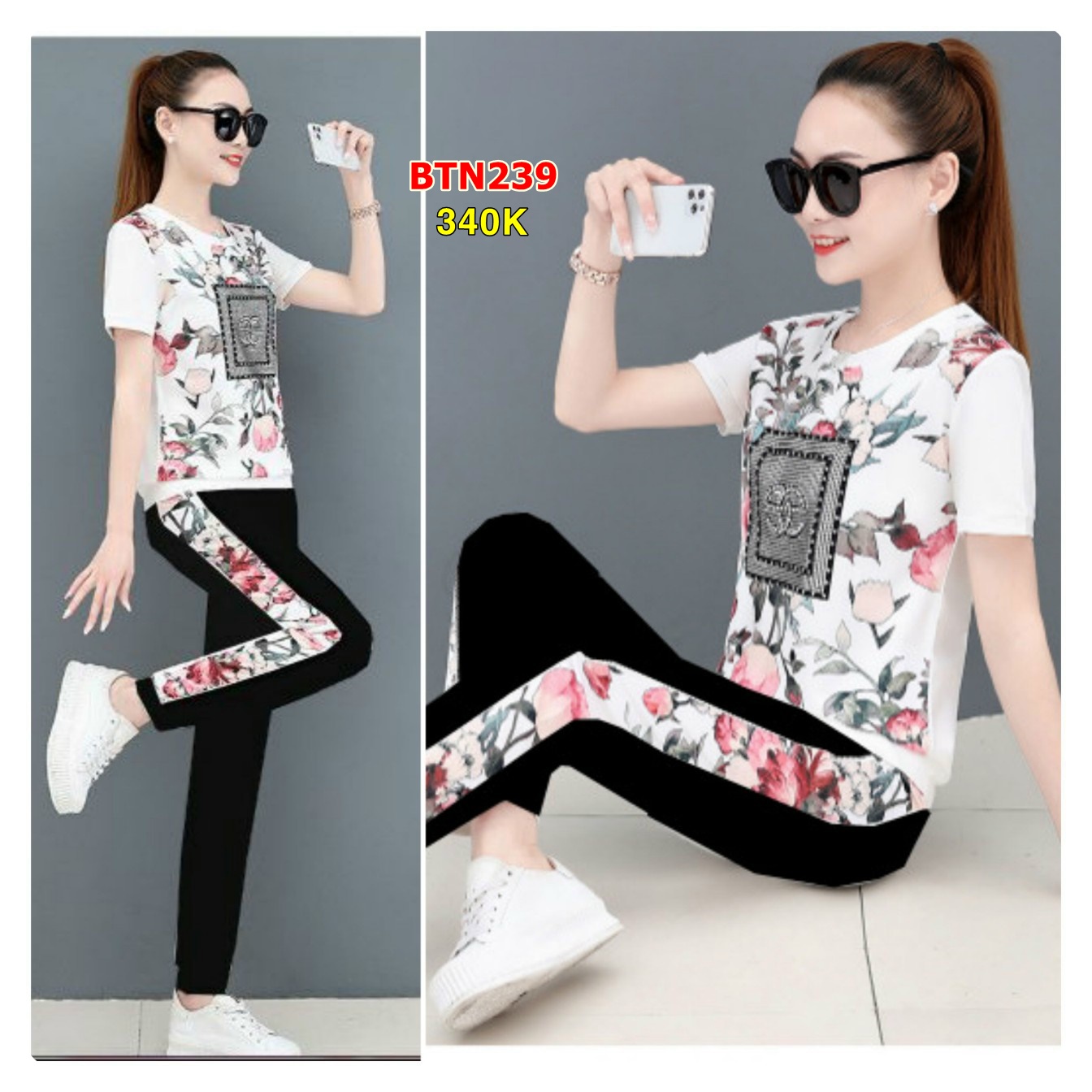 Set Bộ Thời Trang Cườm Đá Sang Trọng Trên Nền Hoa 3D- BTN239