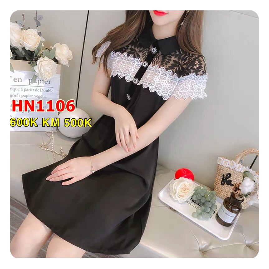Đầm Suông Phối Ren Trắng Đen - HN1106