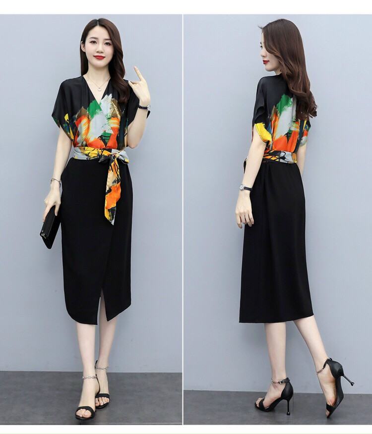 Đầm Cánh Dơi Phối Màu Cột Eo - HN1108