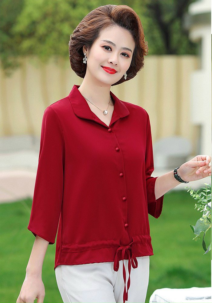Áo Sơ Mi Trung Niên Đính Nút Rút Eo Cách Điệu - SM109