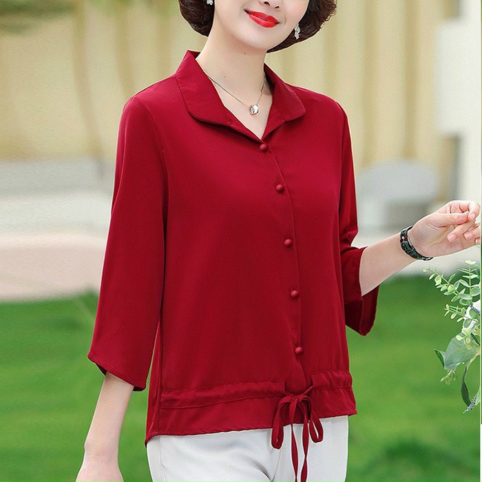 Áo Sơ Mi Trung Niên Đính Nút Rút Eo Cách Điệu - SM109