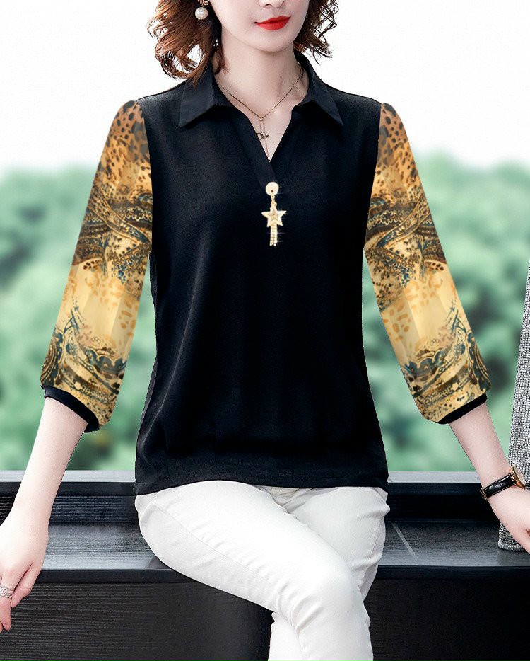 Áo Sơ Mi Trung Niên Tay Phồng Phối Họa Tiết- SM112