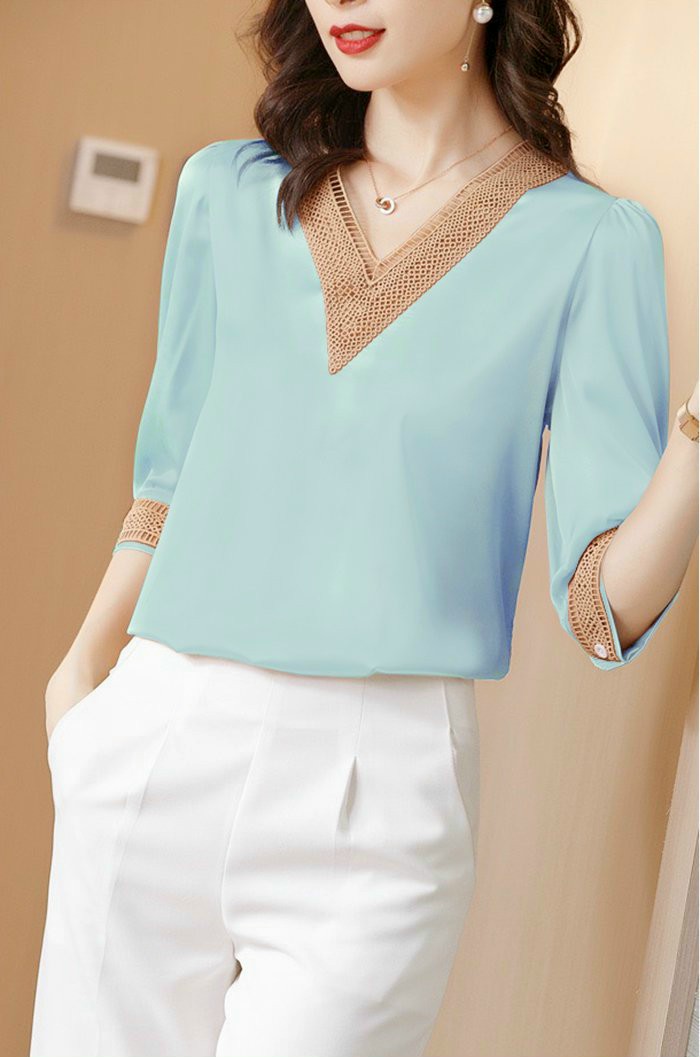 Áo Sơ Mi Trung Niên Phối Ren Cổ- SM114