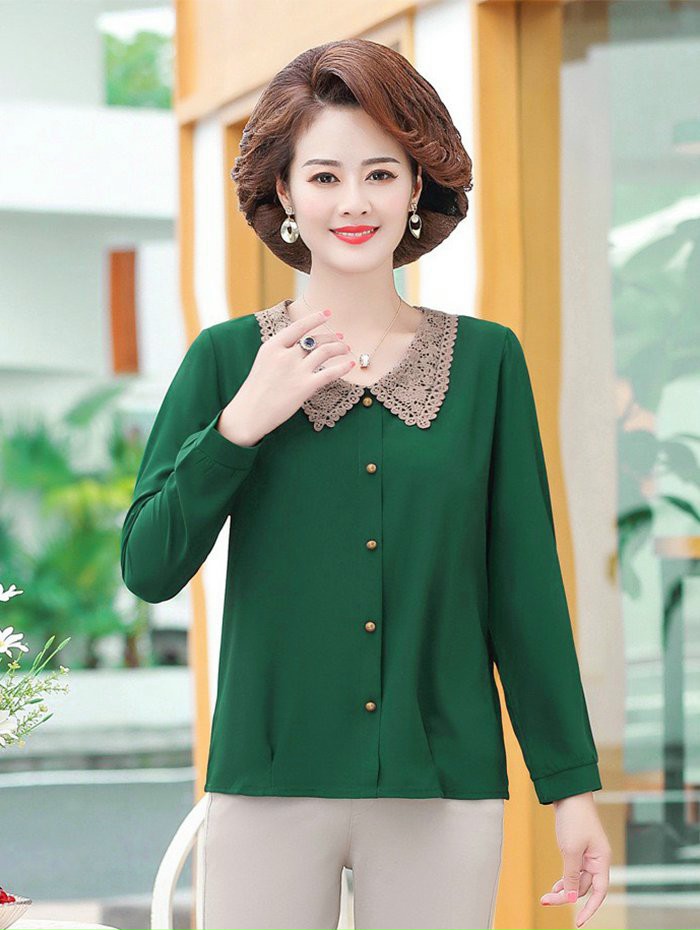 Áo Sơ Mi Trung Niên Cổ Bẻ Phối Ren Cài Nút- SM117