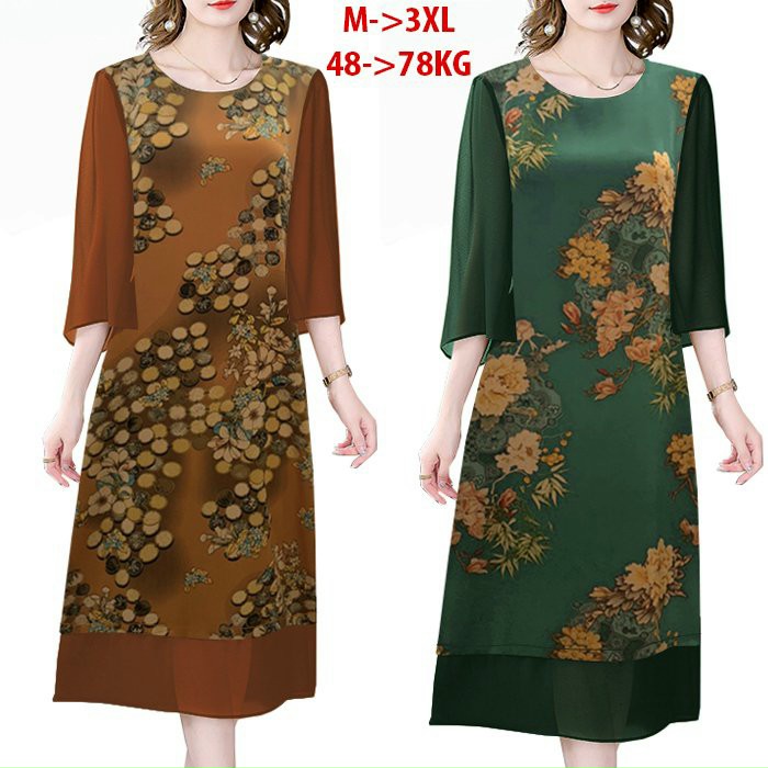 ĐẦM SUÔNG LỤA PHỐI VOAN IN HỌA TIẾT CAO CẤP-HN1145