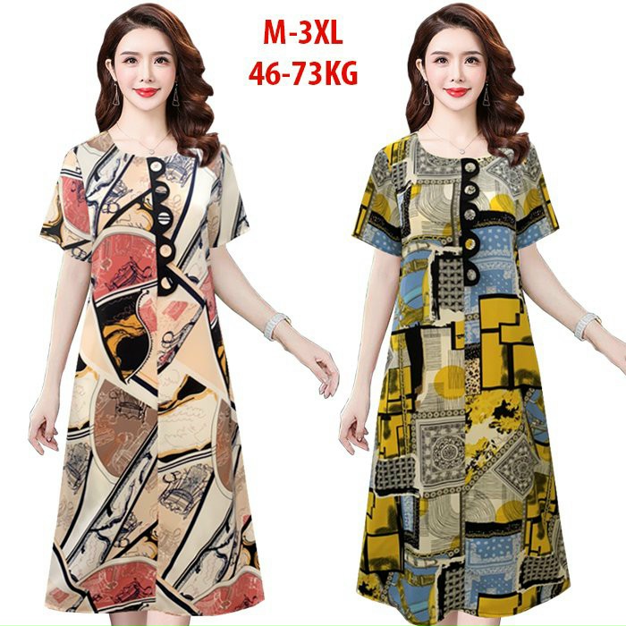 ĐẦM SUÔNG ĐÍNH NÚT GỢN SÓNG IN HỌA TIẾT SANG TRỌNG-HN1153