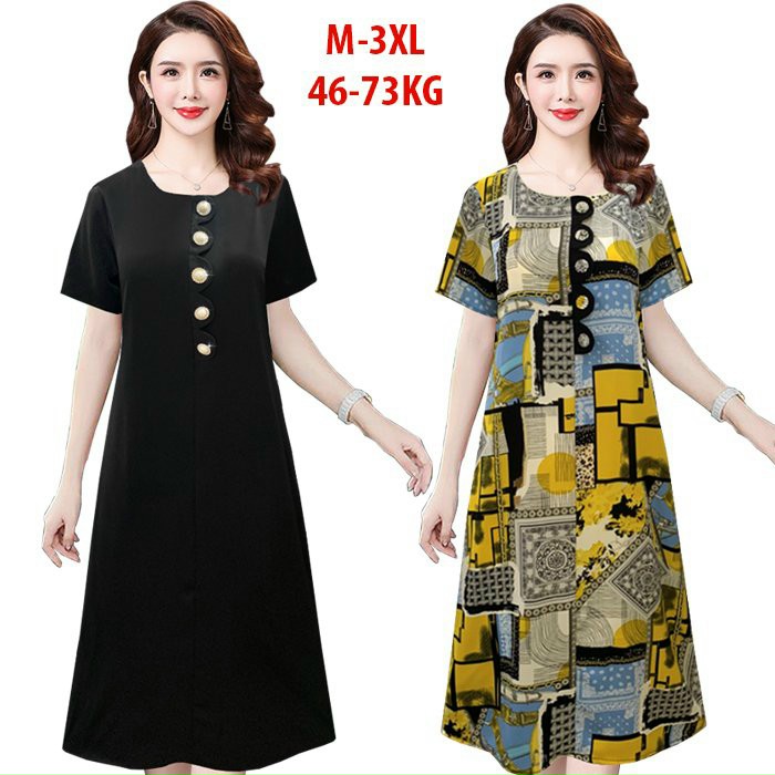 ĐẦM SUÔNG ĐÍNH NÚT GỢN SÓNG IN HỌA TIẾT SANG TRỌNG-HN1153