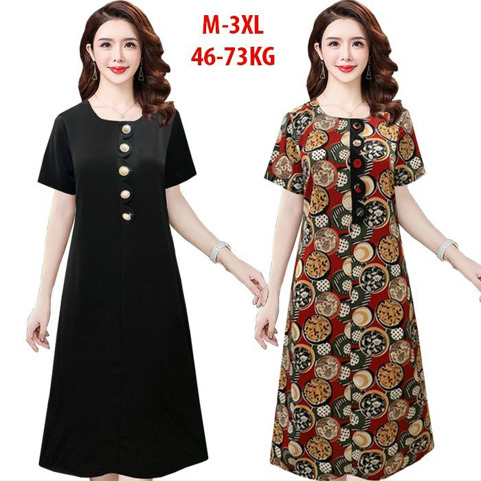 ĐẦM SUÔNG ĐÍNH NÚT GỢN SÓNG IN HỌA TIẾT SANG TRỌNG-HN1153