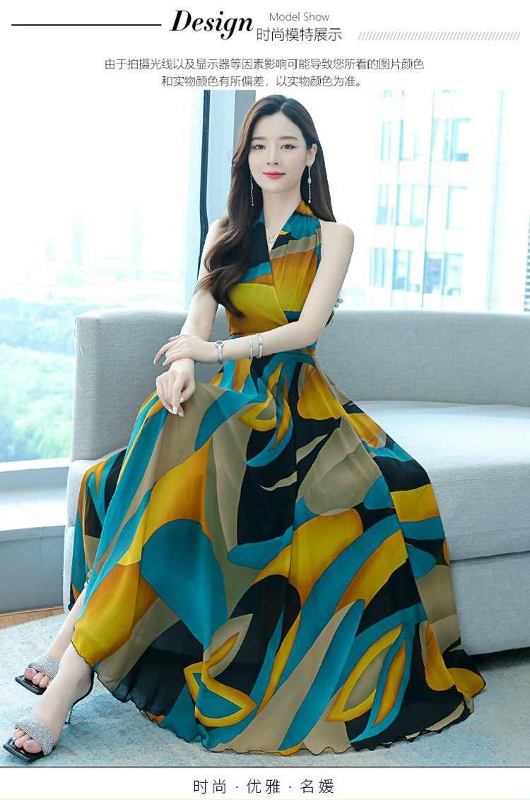 ĐẦM MAXI CỔ YẾM HOẠ TIẾT SẮC MÀU SANH TRONG-HN1162