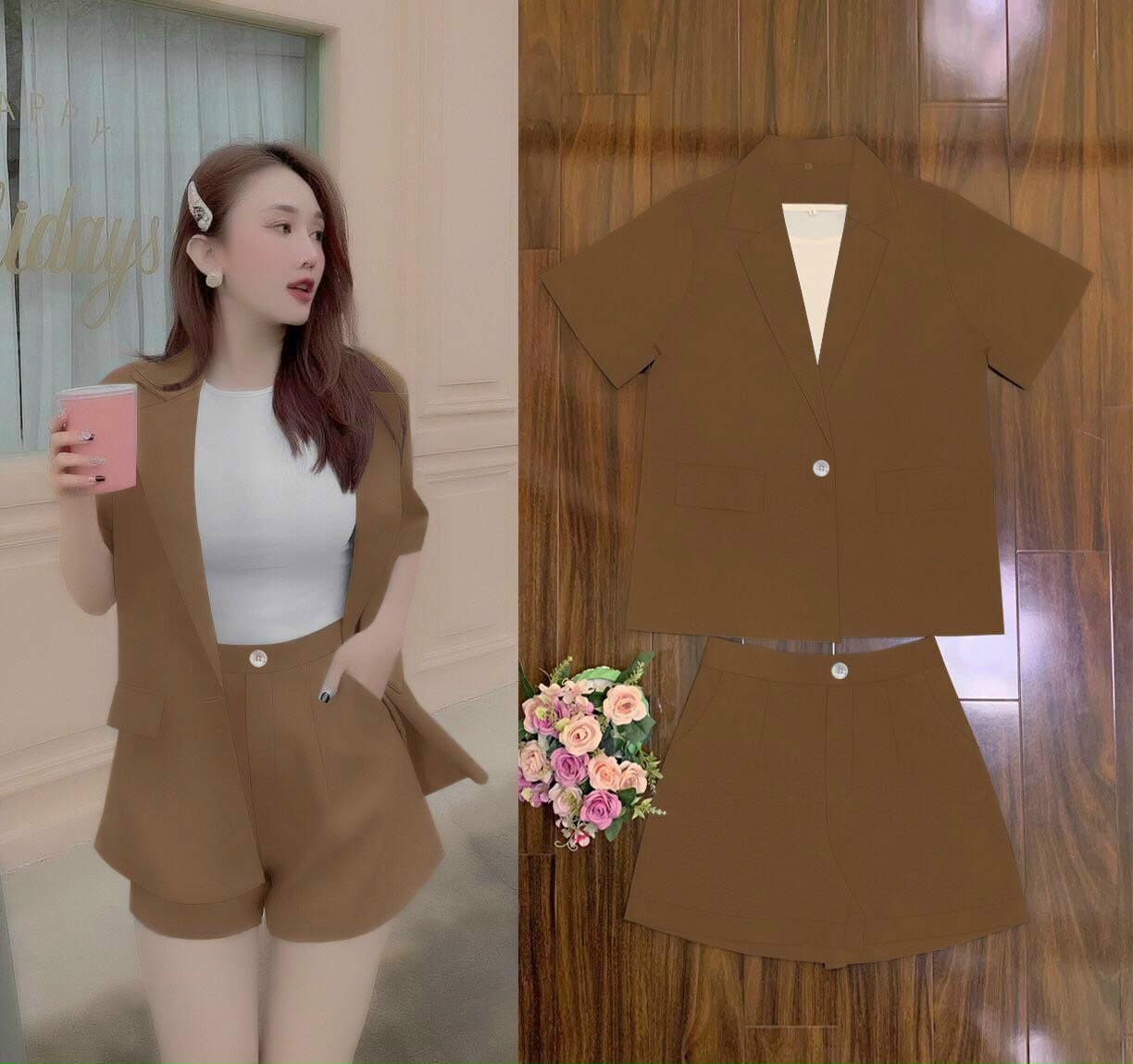SÉT SHORT VEST 3 MÓN (ÁO KHOÁC.VEST PHOM RỘNG) SANG TRONG-VN131