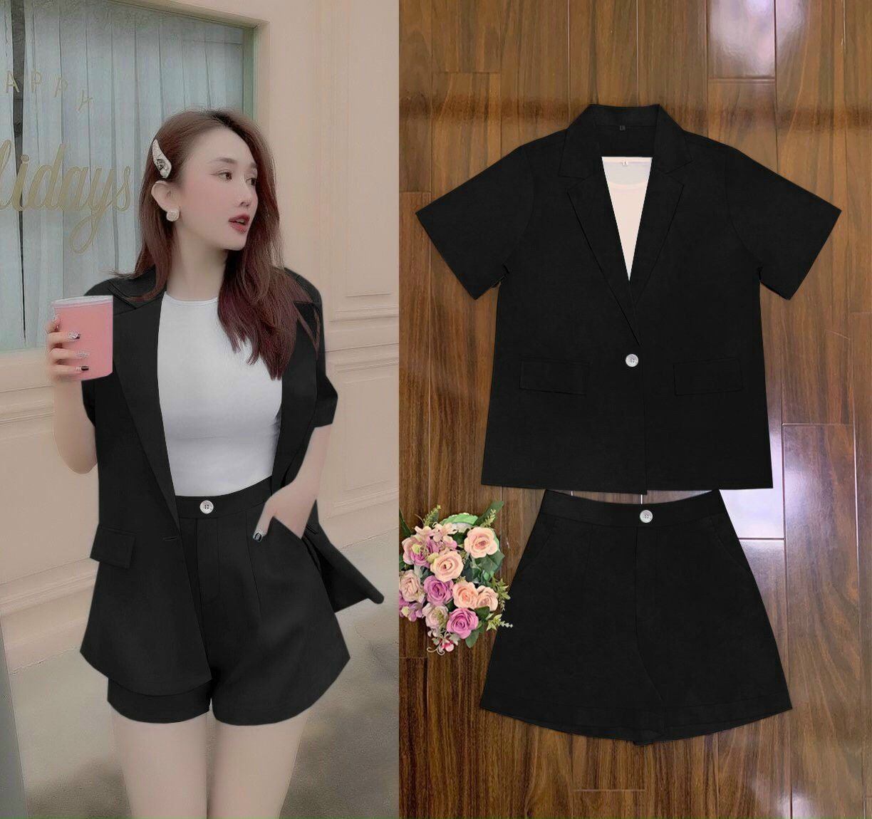 SÉT SHORT VEST 3 MÓN (ÁO KHOÁC.VEST PHOM RỘNG) SANG TRONG-VN131