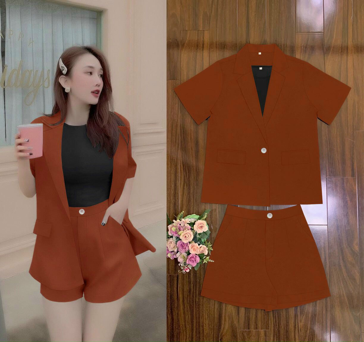 SÉT SHORT VEST 3 MÓN (ÁO KHOÁC.VEST PHOM RỘNG) SANG TRONG-VN131