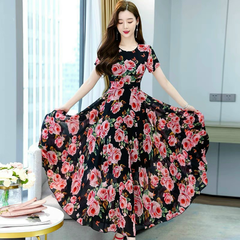 ĐẦM MAXI LỤA DÁNG DÀI HOẠ TIẾT HOA HỒNG CAO CẤP- HN1177