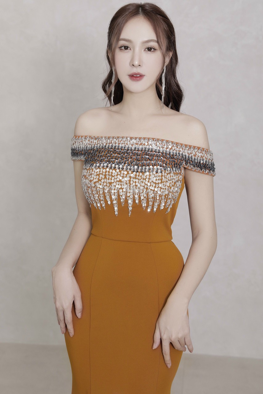 Đầm dạ hội trễ vai kết cầu kỳ cao cấp sang trọng- D1084