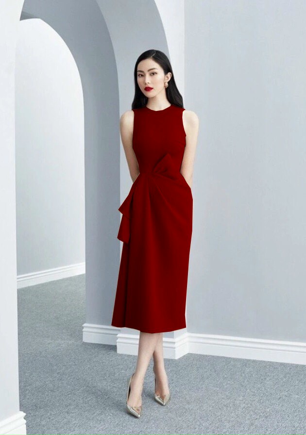 Đầm xoè cổ tròn nơ eo sang trọng cao cấp - D831