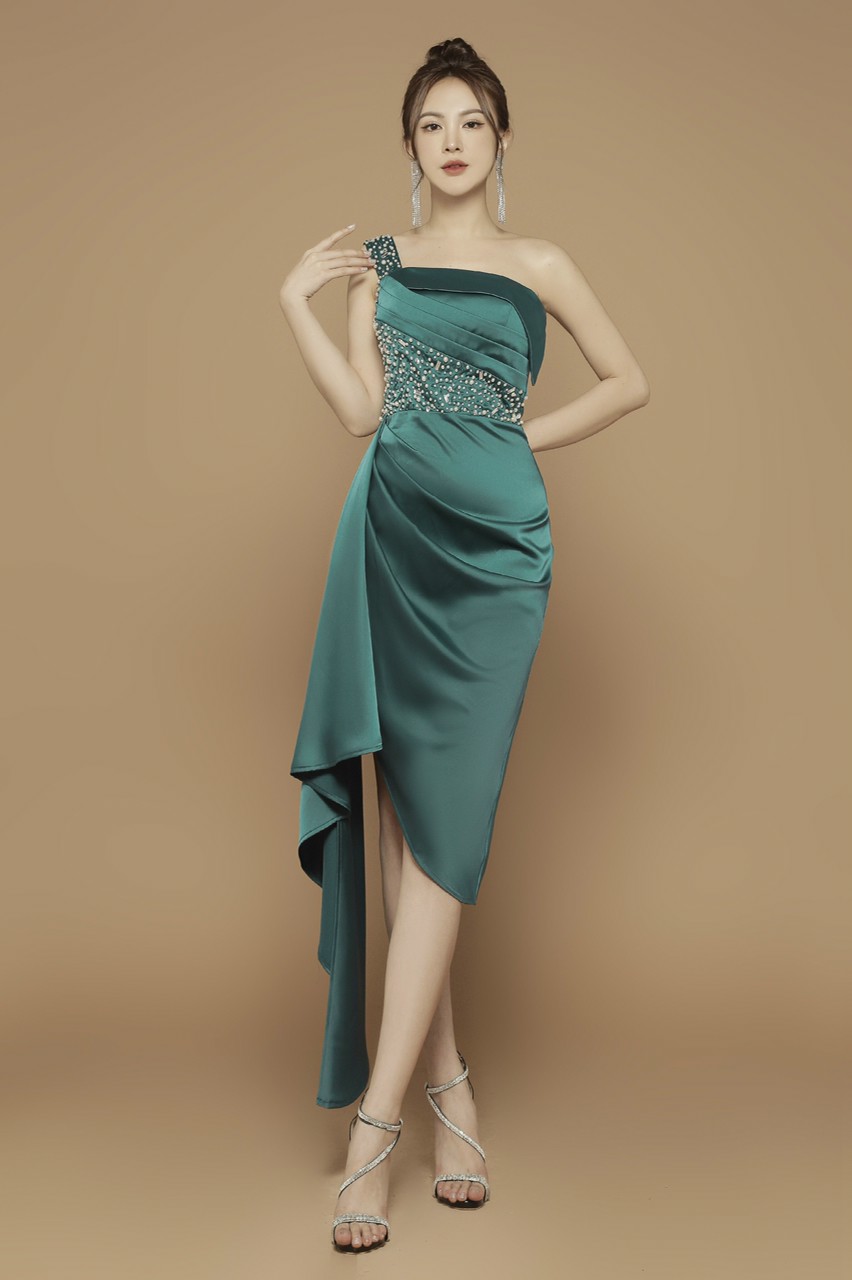Đầm body lệch vai đính ngọc sang trong - D1042
