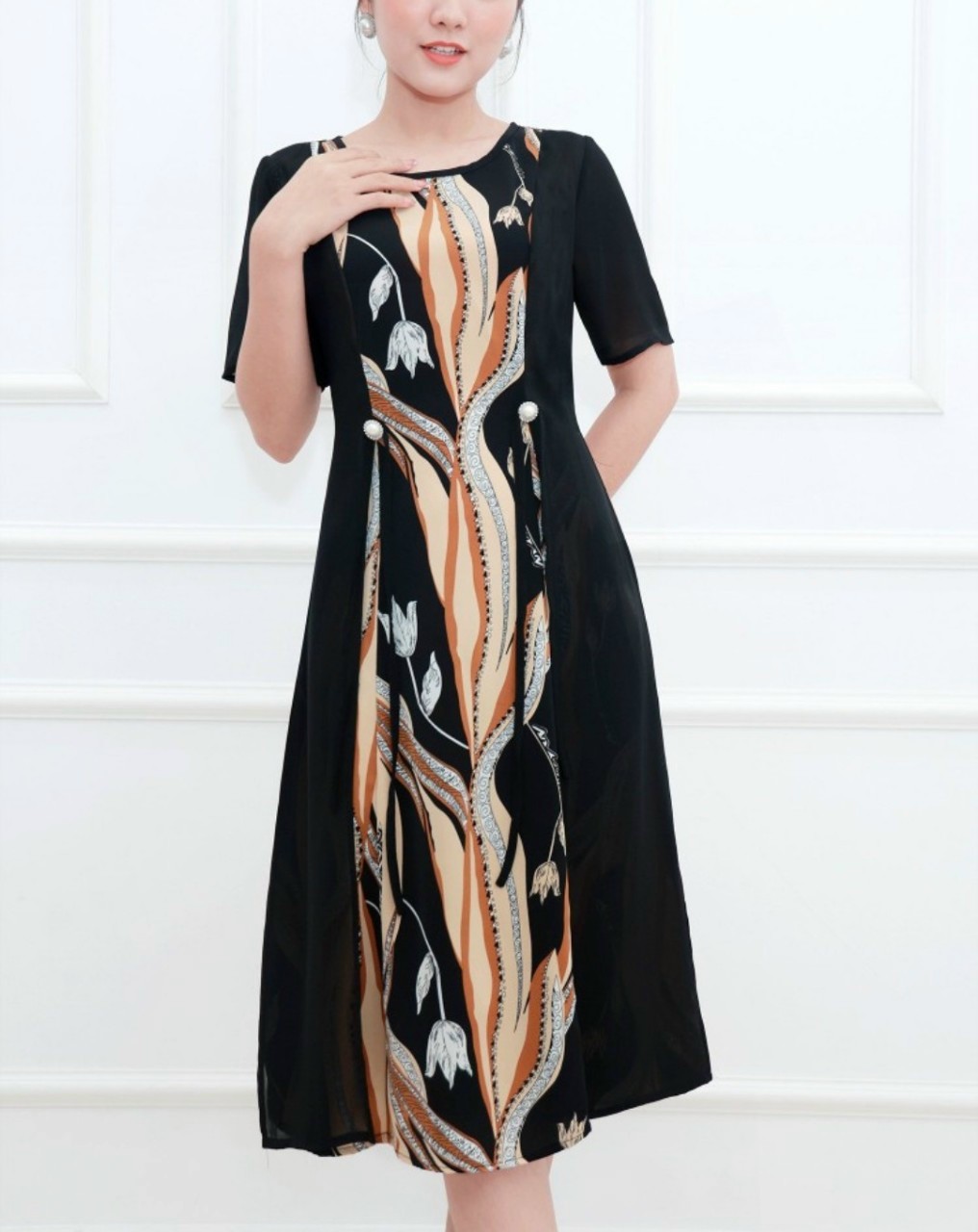 ĐẦM SUÔNG LỤA IN HỌA TIẾT ĐÍNH NÚT CAO CẤP -DTN62