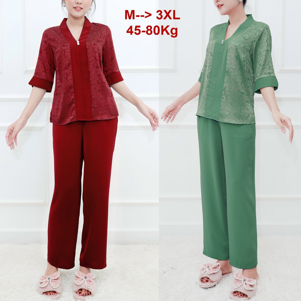 SET BỘ TRUNG NIÊN GẤM HOA PHỐI LỤA CỔ V ĐÍNH HẠT - BTN499