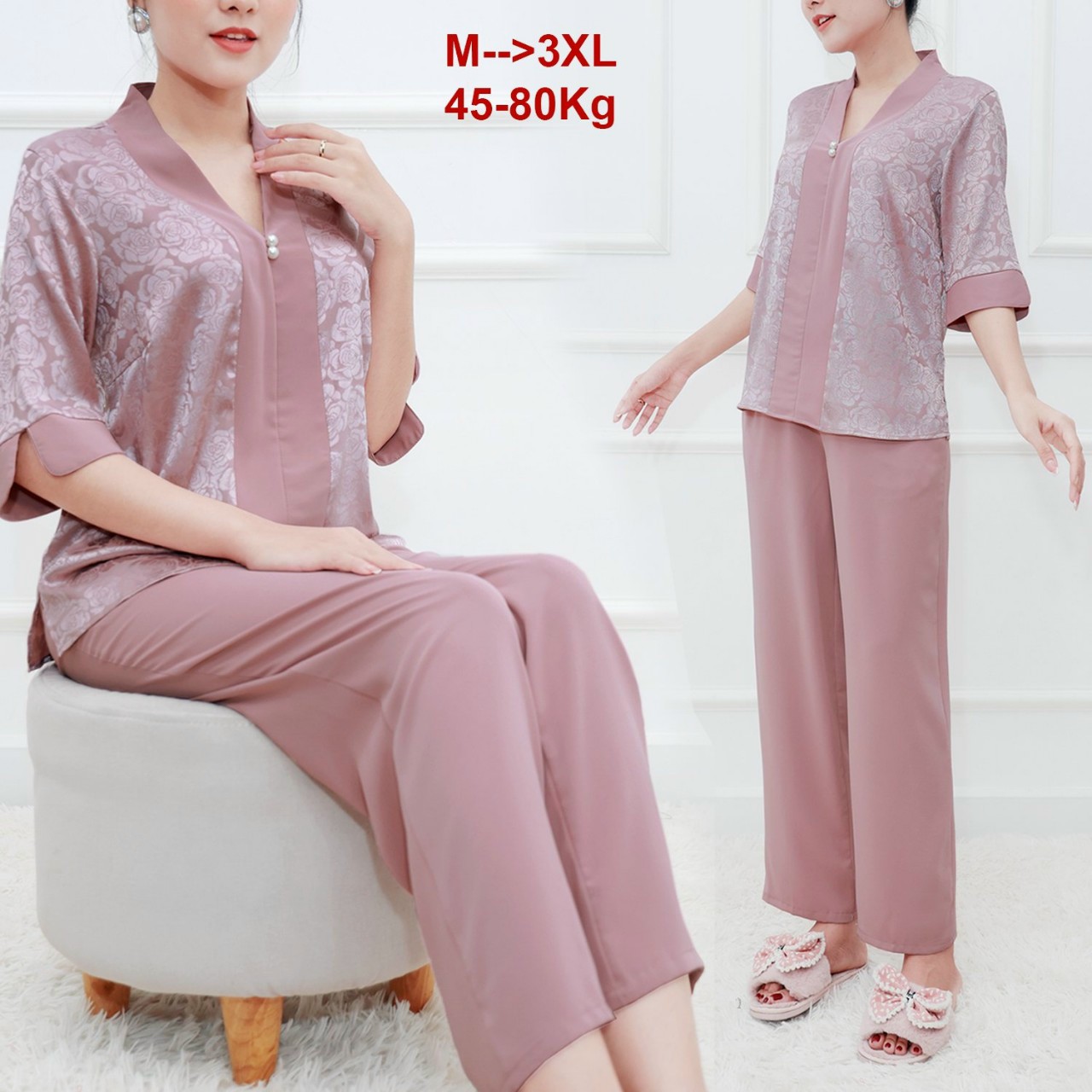 SET BỘ TRUNG NIÊN GẤM HOA PHỐI LỤA CỔ V ĐÍNH HẠT - BTN499