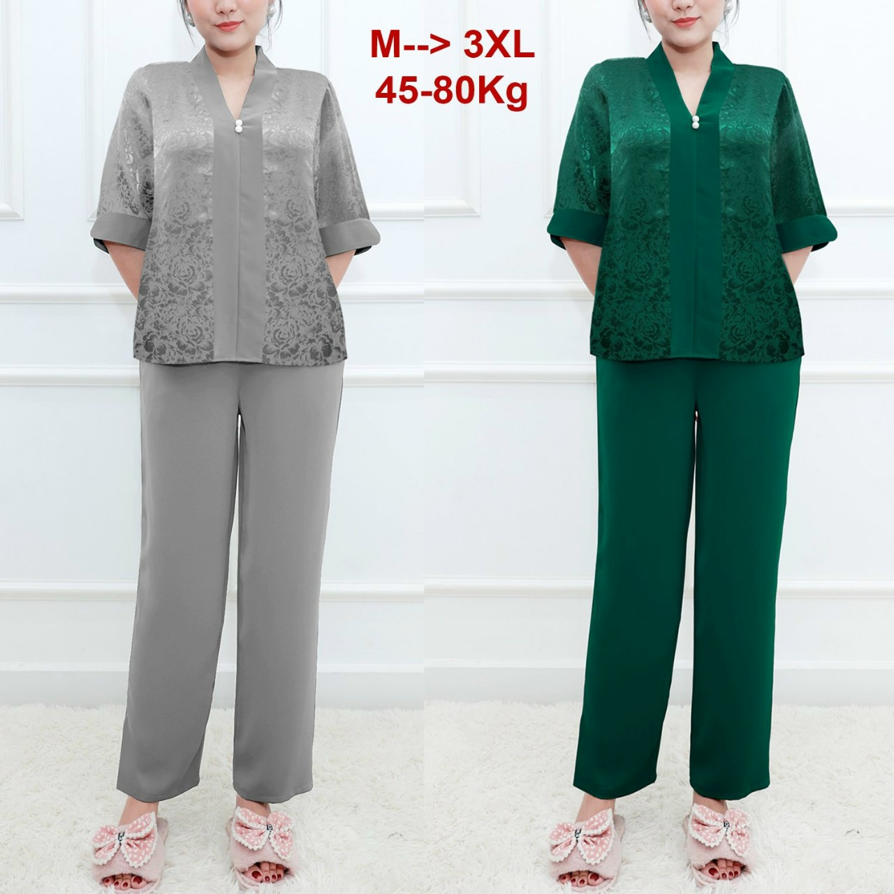 SET BỘ TRUNG NIÊN GẤM HOA PHỐI LỤA CỔ V ĐÍNH HẠT - BTN499