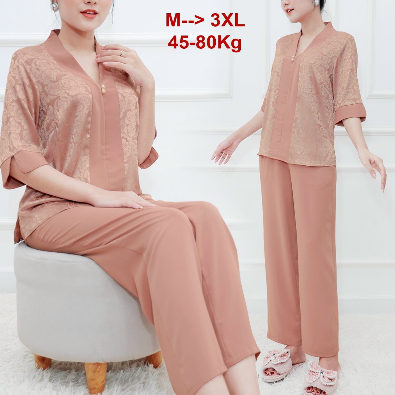 SET BỘ TRUNG NIÊN GẤM HOA PHỐI LỤA CỔ V ĐÍNH HẠT - BTN499