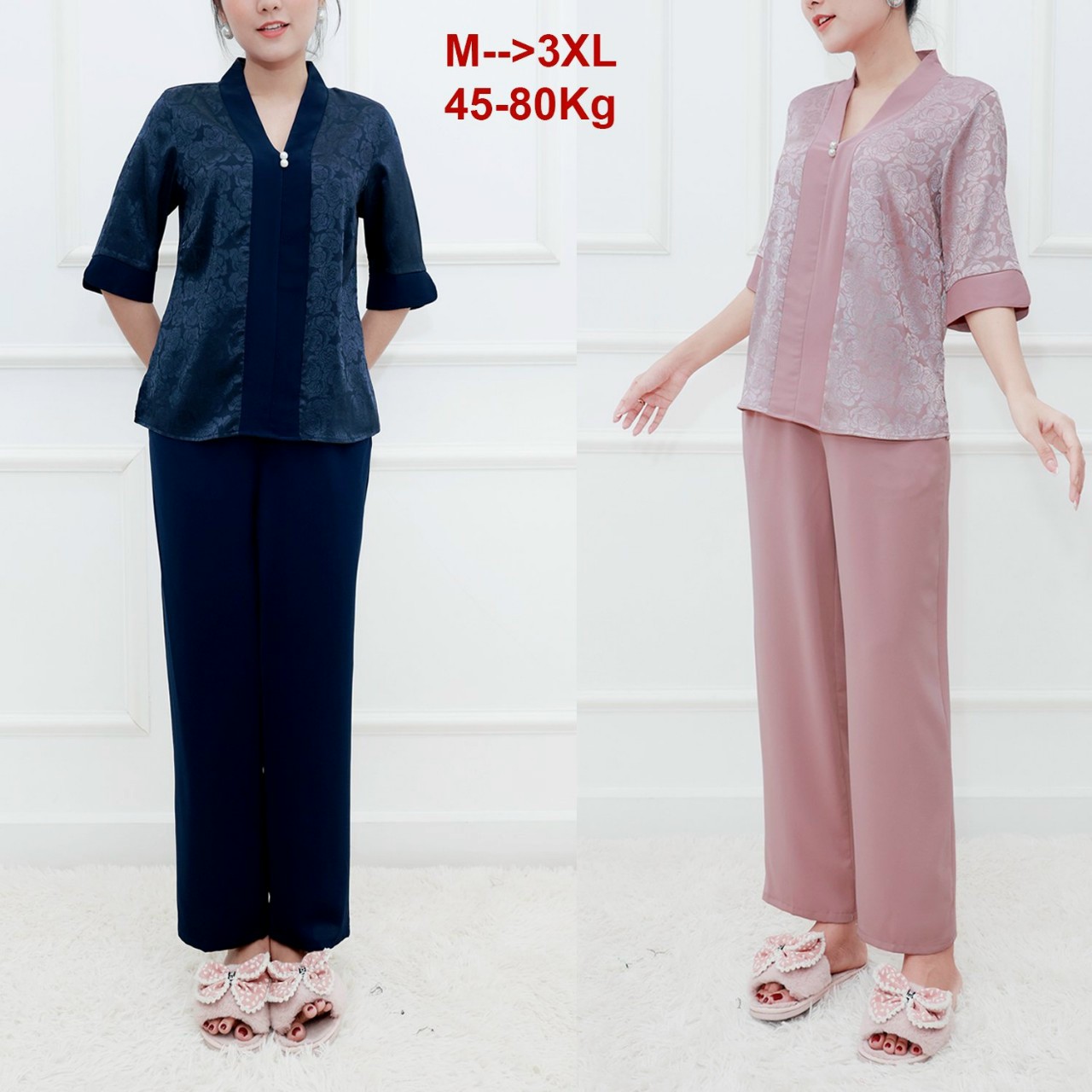 SET BỘ TRUNG NIÊN GẤM HOA PHỐI LỤA CỔ V ĐÍNH HẠT - BTN499