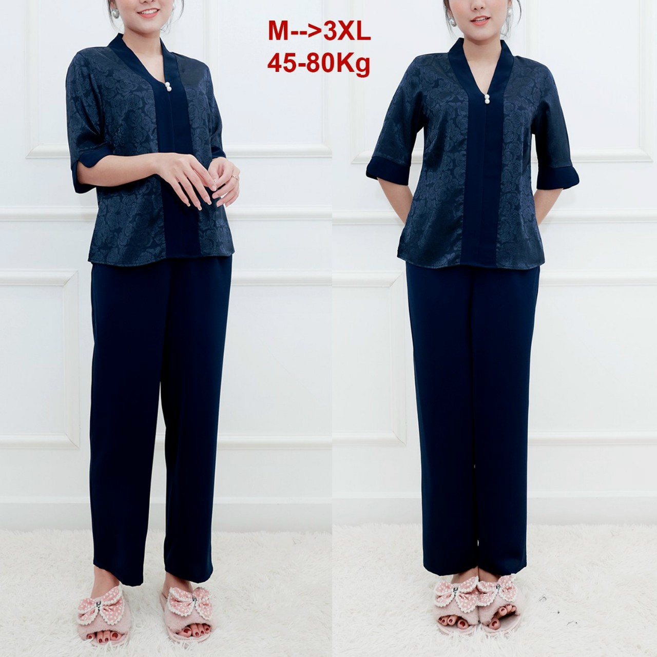 SET BỘ TRUNG NIÊN GẤM HOA PHỐI LỤA CỔ V ĐÍNH HẠT - BTN499