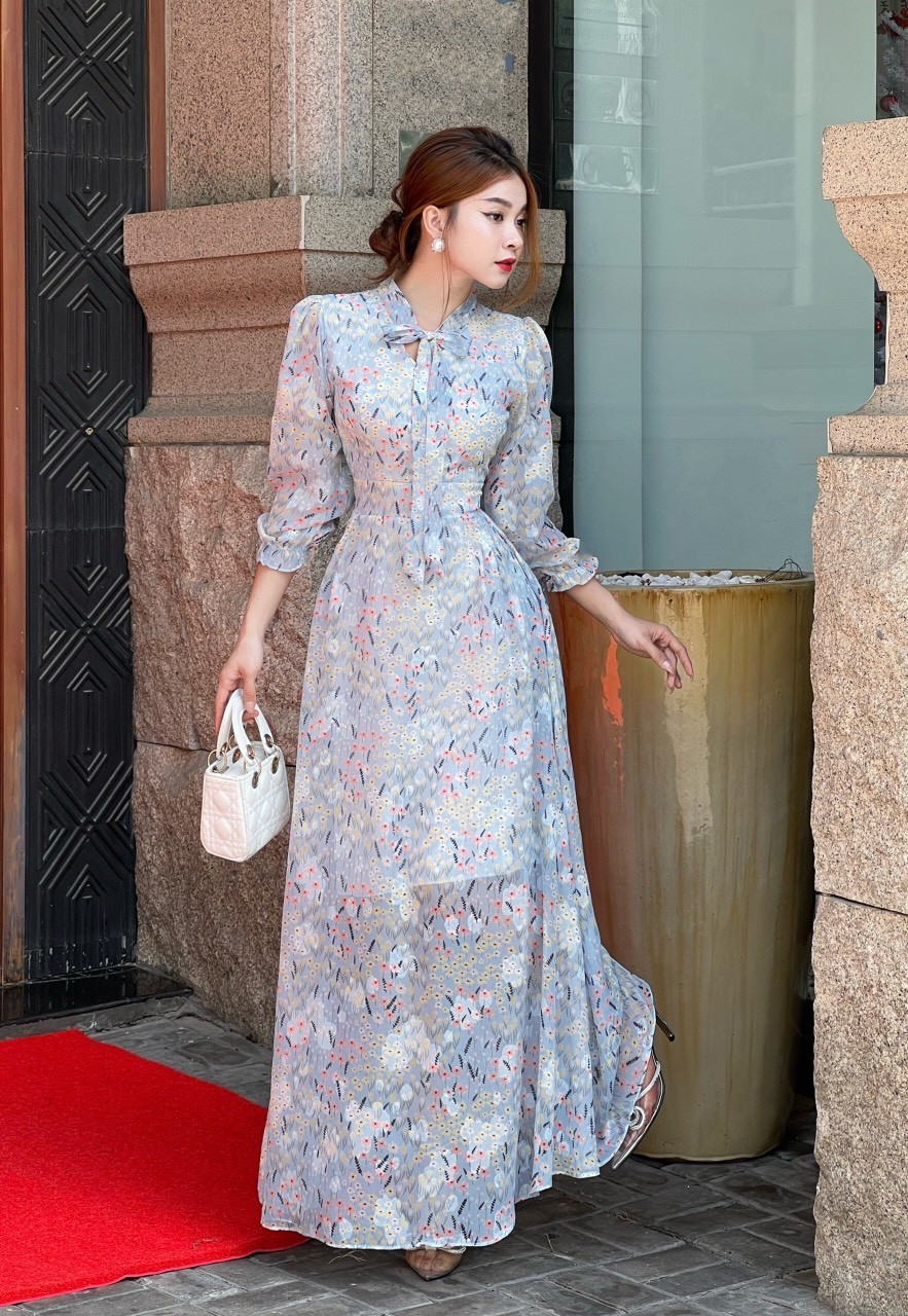 ĐẦM MAXI DÁNG DÀI CỘT NƠ CAO CẤP- D1146