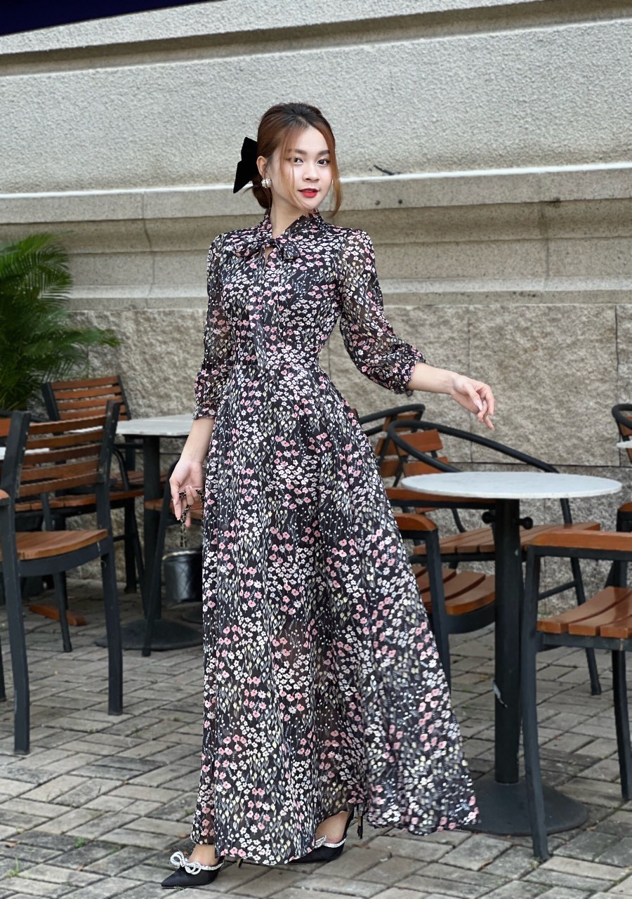 ĐẦM MAXI DÁNG DÀI CỘT NƠ CAO CẤP- D1146