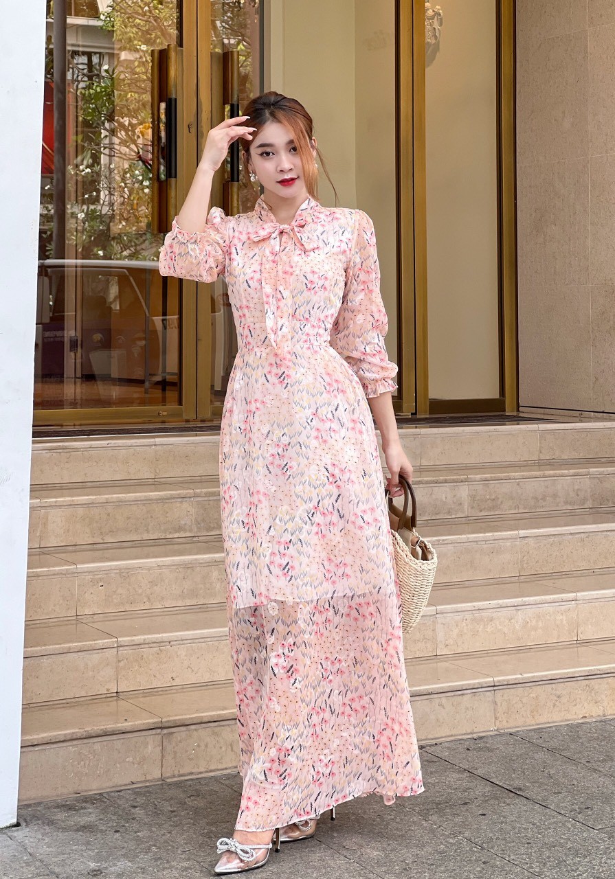 ĐẦM MAXI DÁNG DÀI CỘT NƠ CAO CẤP- D1146