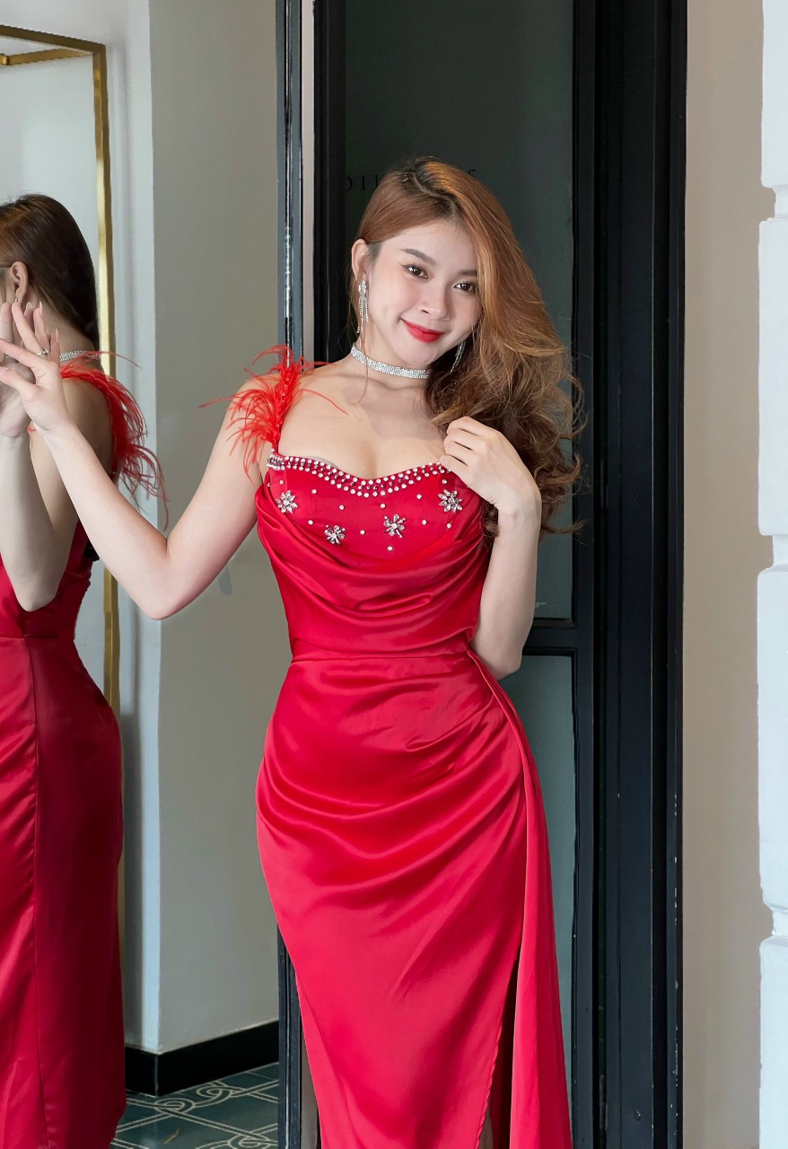 Đầm body đính lông vũ hai dây sang chản xin xắn - D1234