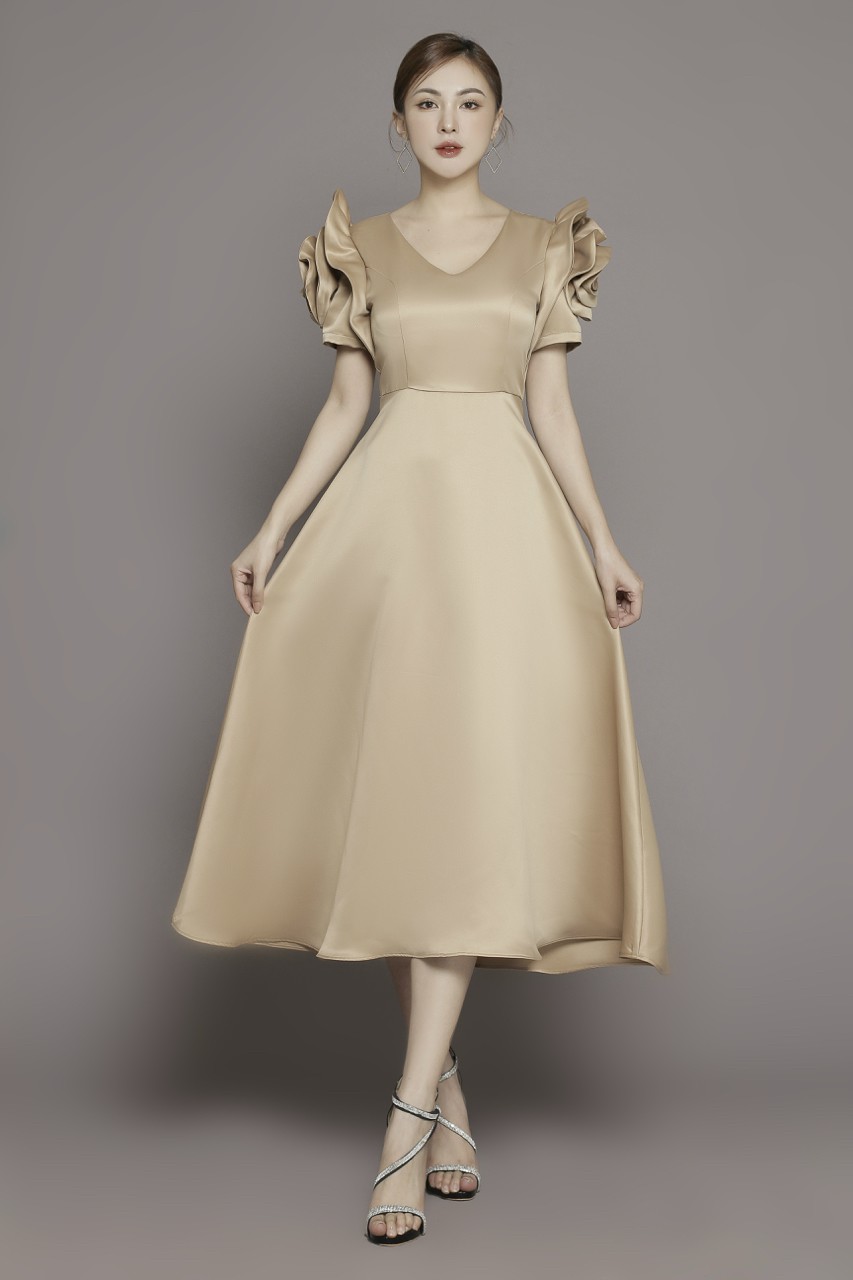 Đầm xoè cổ tim tay đính hoa hồng xinh xắn-D1214