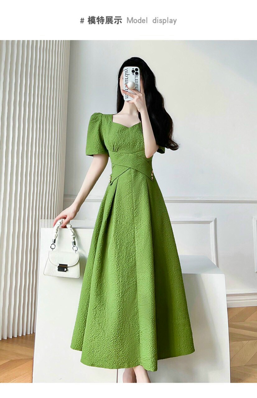 ĐẦM XANH CHÉO EO CỔ VUÔNG SANG CHẢNH- D1155